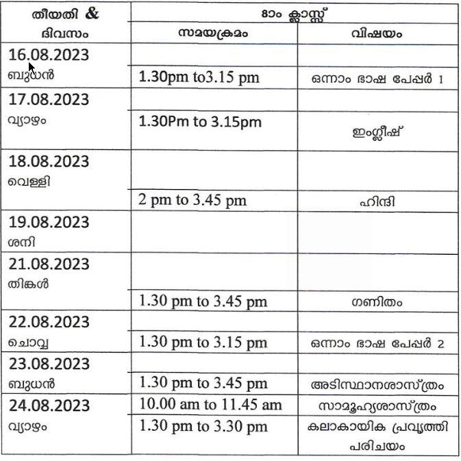 8th onam exam timetable 2023