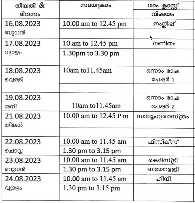 class 10 Onam Exam August 2023 timetable