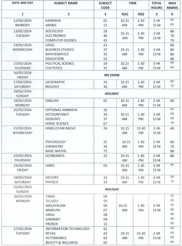 Karnataka first PUC timetable 2024